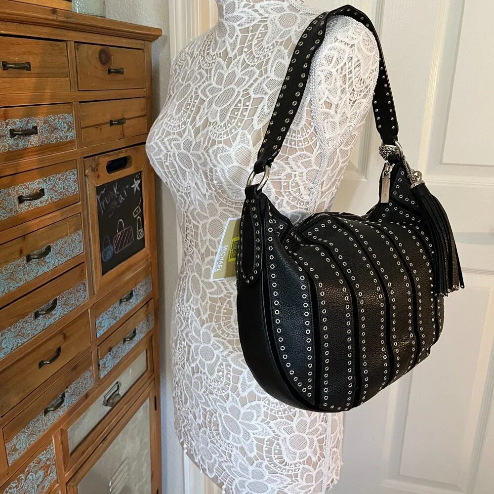 Michael Kors - Brooklyn Grommet Handbag Black Leather/ Silver Accents - NWT